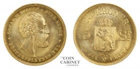 WORLD COINS. NORWAY. Oscar II, 1872-1905. Gold 20 Kroner-5 Speciedaler, 1875, Kongsberg. 8.96 g. 23 mm. Mintage: 105,000. NM 2, KM# 348. Tiny edge nic...