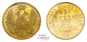 WORLD COINS. RUSSIA. Nicholas I, 1825-55. Gold 3 Rouble / 20 Zlotych, 1837 SPB. PCGS AU55. 3.89 g. Mintage: 30,072. KM C# 136.2. Darker golden toning ...