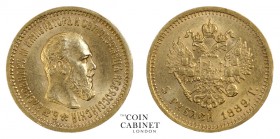 WORLD COINS. RUSSIA. Alexander III, 1881-94. Gold 5 Roubles, 1889 6.45 g. 21 mm. Mintage: 4,200,000. KM Y# 42. Good very fine.