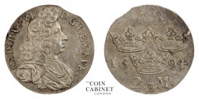 WORLD COINS. SWEDEN. Karl XI, 1660-97. 2 Mark, 1694, Stockholm. . Extremely fine.