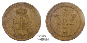 WORLD COINS. SWEDEN. Oscar II, 1872-1907. 5 Ore, 1889, Stockholm. PCGS MS64BN. 8.00 g. 27 mm. Mintage: 219,946. KM# 757. Large legend type. A choice e...