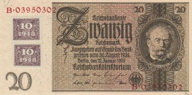 Deutsche Demokratische Republik
Kuponausgaben zur Währungsreform 1948 20 Reichsmark 1948. Mit 2 zusammenhängenden Kuponmarken zu je 10 Ro. 335 I
