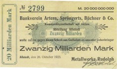 Städte und Gemeinden nach 1914
Allstedt (Thür.) 10 und 20 Milliarden Mark 26.10.1923. Metallwerke Rudolph Ke. 41 b, c 2 Stück. Selten. II und V