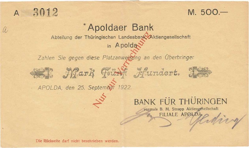 Städte und Gemeinden nach 1914
Apolda (Thür) 500 Mark 25.9.1922. Bank für Thüri...