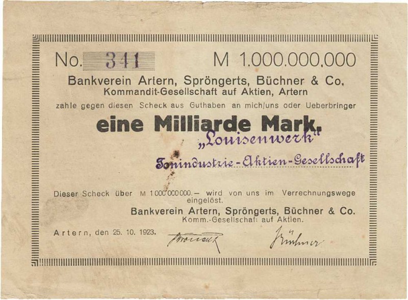 Städte und Gemeinden nach 1914
Artern (Thür) 1 Milliarde Mark 25.10.1923. "Loui...