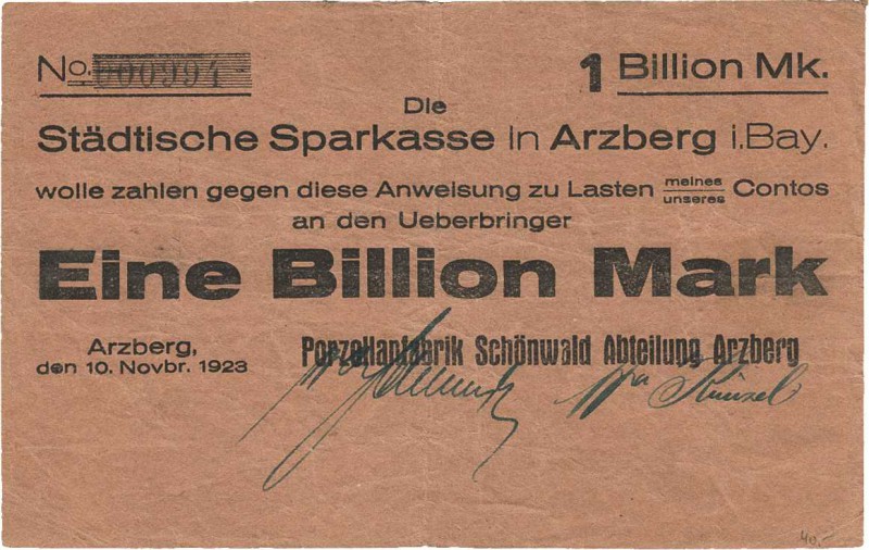 Städte und Gemeinden nach 1914
Arzberg (Bay) 5 Millionen Mark 24.8.1923, 50 Mil...