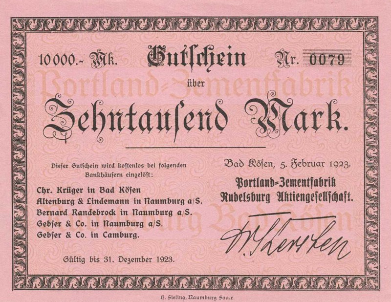 Städte und Gemeinden nach 1914
Bad Kösen (S-A) 500 Mark 28.9.1922. 10.000 Mark ...