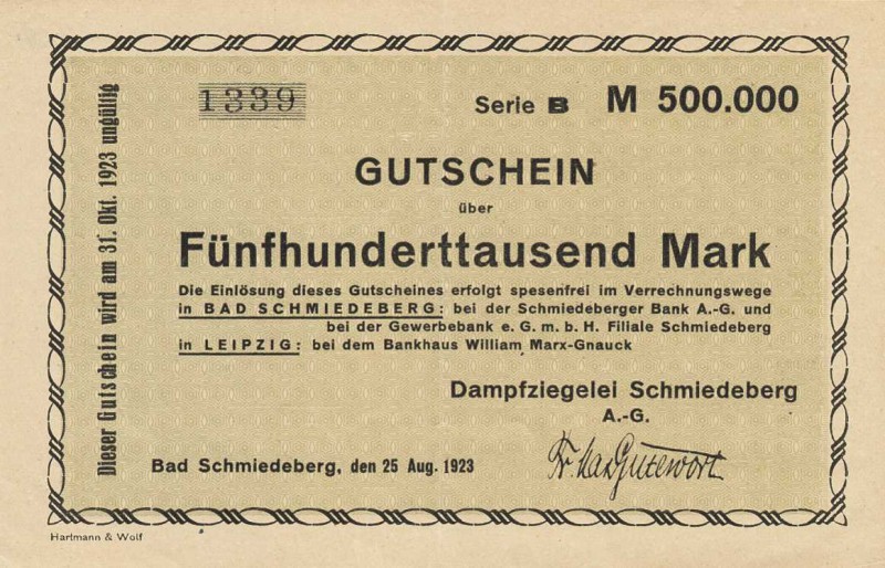 Städte und Gemeinden nach 1914
Bad Schmiedeberg (SA) 500.000 Mark 25.8.1923. Da...