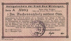 Städte und Gemeinden nach 1914
Bad Wildungen (Hes.) 1/20, 1/10, 1/4, 1/2 und 1 Festmeter Buchenholz 5.11.1923 - Stadt Mü. 5140 5 Stück. I-fast II