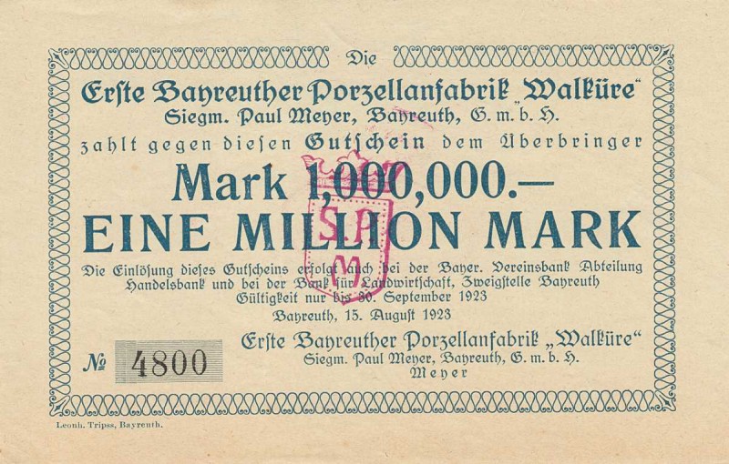 Städte und Gemeinden nach 1914
Bayreuth (Bay) 100.000, 500.000 und 1 Million Ma...