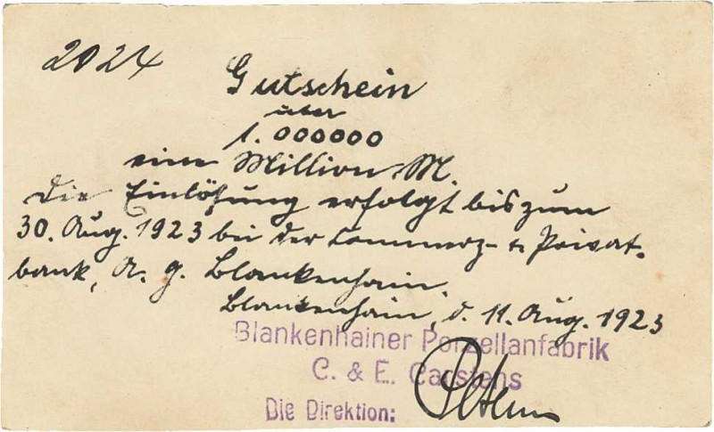 Städte und Gemeinden nach 1914
Blankenhain (Thür) 500.000 Mark 4.8.1923. 1 Mill...