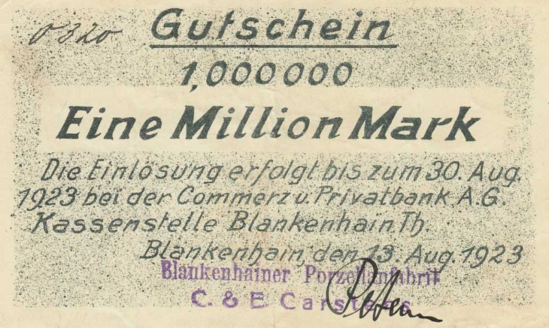 Städte und Gemeinden nach 1914
Blankenhain (Thür) 1 Million Mark 11.8.1923. 500...