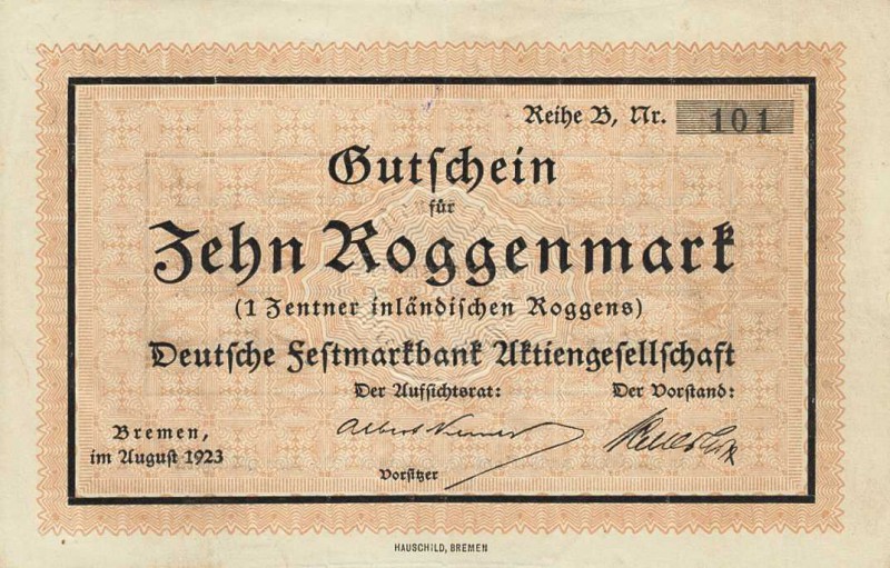 Städte und Gemeinden nach 1914
Bremen 1 und 10 Roggenmark, August 1923 - Deutsc...