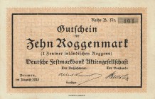 Städte und Gemeinden nach 1914
Bremen 1 und 10 Roggenmark, August 1923 - Deutsche Festmarkbank AG Mü. 0545.1, 2 2 Stück. II-III