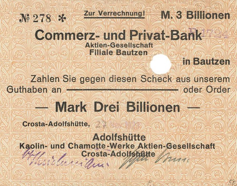 Städte und Gemeinden nach 1914
Crosta-Adolfshütte (Sa.) 20 Milliarden Mark Über...