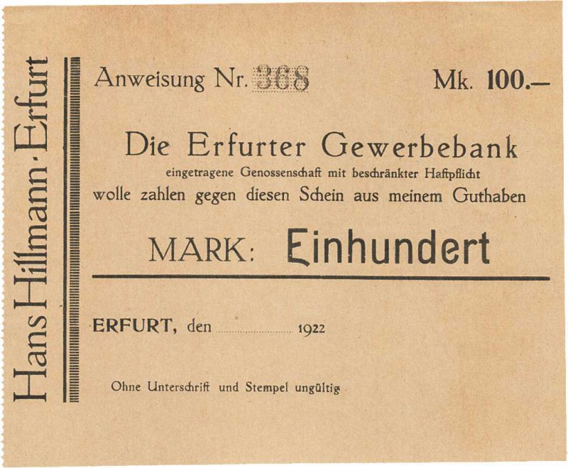 Städte und Gemeinden nach 1914
Erfurt (Thür) 1000 Mark o.D. 1922. Dieser Schein...