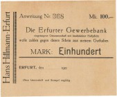Städte und Gemeinden nach 1914
Erfurt (Thür) 1000 Mark o.D. 1922. Dieser Schein ist alt-hinterklebt (III). 100 und 500 Mark (2x, 1x mit Datum 1.XI.19...