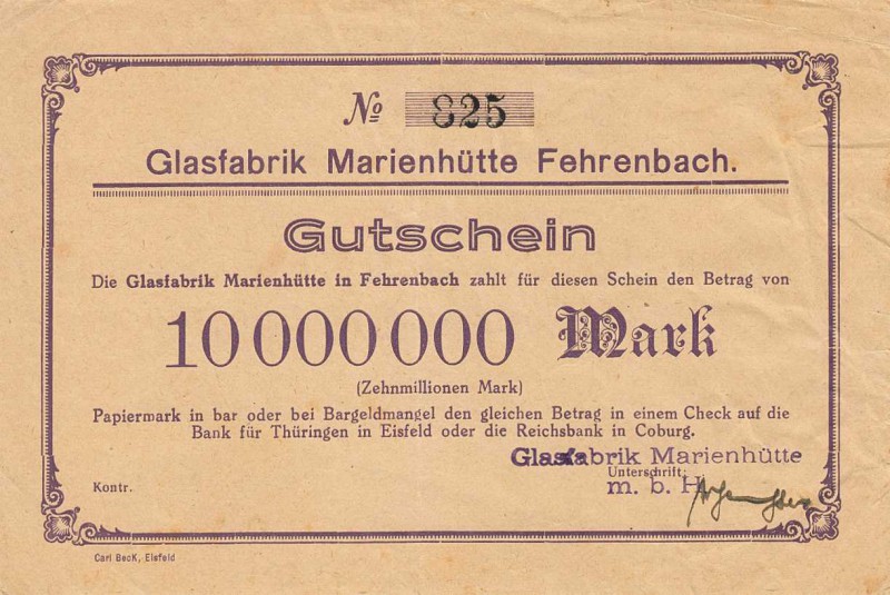 Städte und Gemeinden nach 1914
Fehrenbach (Thür.) 100 000 Mark o.D. 500.000, 1,...
