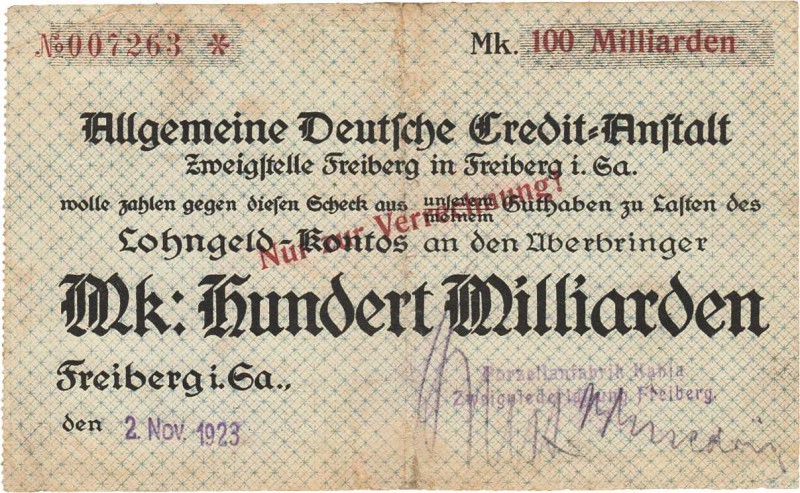 Städte und Gemeinden nach 1914
Freiberg (Sa.) 100 Milliarden Mark 2.11.1923. Po...