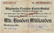 Städte und Gemeinden nach 1914
Freiberg (Sa.) 100 Milliarden Mark 2.11.1923. Porzellanfabrik Kahla, Zweigniederlassung Freiberg. Ein solcher Schein i...