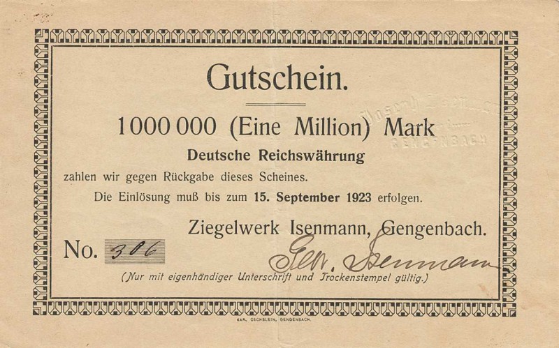 Städte und Gemeinden nach 1914
Gengenbach (BW) 1 Million Mark 15.9.1923. Ziegel...