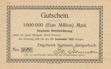 Städte und Gemeinden nach 1914
Gengenbach (BW) 1 Million Mark 15.9.1923. Ziegelwerk Isenmann. Mit Prägestempel Ke. 718 Selten. II-