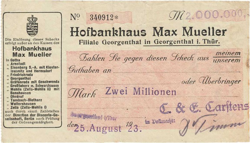 Städte und Gemeinden nach 1914
Georgenthal (Thür.) 2 Millionen Mark 25.8.1923. ...