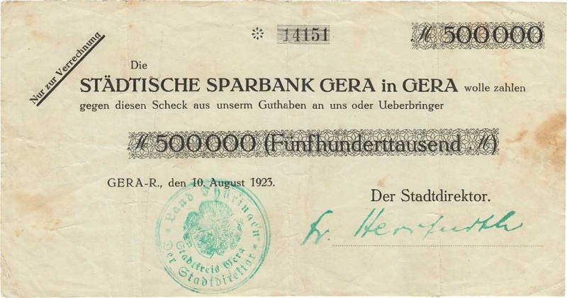 Städte und Gemeinden nach 1914
Gera (Thür) 500.000 Mark 10.8.1923. Städtische S...