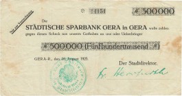 Städte und Gemeinden nach 1914
Gera (Thür) 500.000 Mark 10.8.1923. Städtische Sparkasse. 1 Million Mark 9.8.23 Wesselmann-Bohrer, 1 Million Mark 10.8...