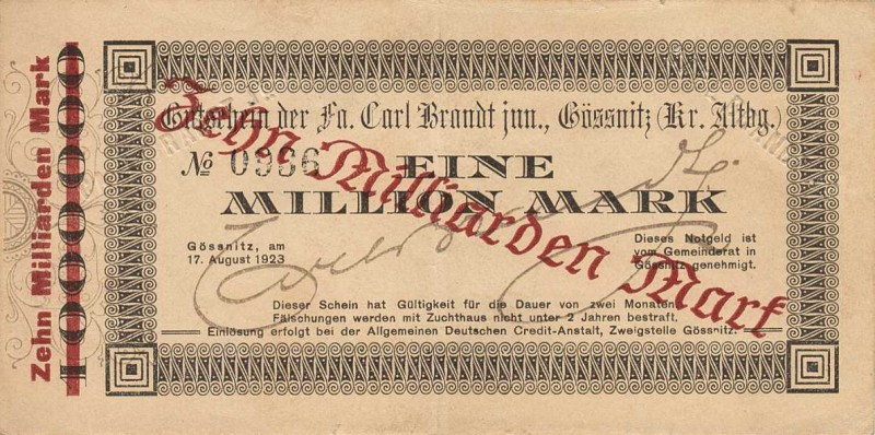 Städte und Gemeinden nach 1914
Gössnitz (Thür.) 10 Milliarden Mark o.D. Überdru...