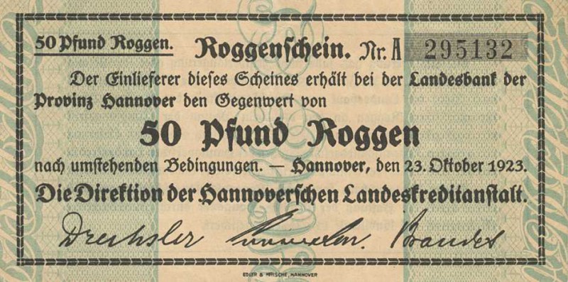 Städte und Gemeinden nach 1914
Hannover (NS.) 10 und 50 Pfund Roggen 23.11.1923...