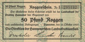 Städte und Gemeinden nach 1914
Hannover (NS.) 10 und 50 Pfund Roggen 23.11.1923 - Hannoversche Landeskreditanstalt Mü. 2415.2, 4 2 Stück. I-
