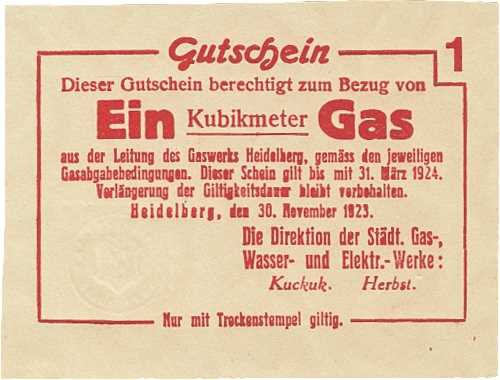 Städte und Gemeinden nach 1914
Heidelberg (BW) 1, 2, 5 und 10 cbm Gas 30.12.192...