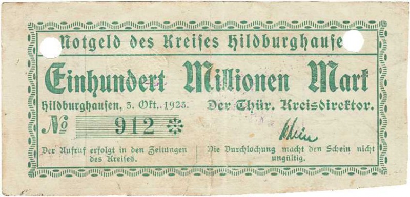 Städte und Gemeinden nach 1914
Hildburghausen (Thür.) 20 Millionen Mark 21.9.19...