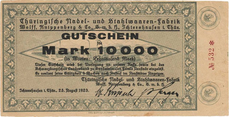 Städte und Gemeinden nach 1914
Ichtershausen (Thür.) 10.000 Mark 25.8.1923. 100...