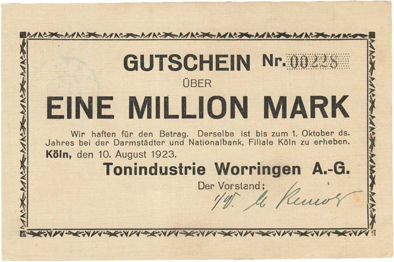 Städte und Gemeinden nach 1914
Köln (NRW) 1 Million Mark 10.8.1923. Tonindustri...