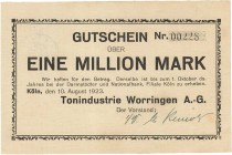 Städte und Gemeinden nach 1914
Köln (NRW) 1 Million Mark 10.8.1923. Tonindustrie Worringen Ke. 2708 a Selten. Fast II