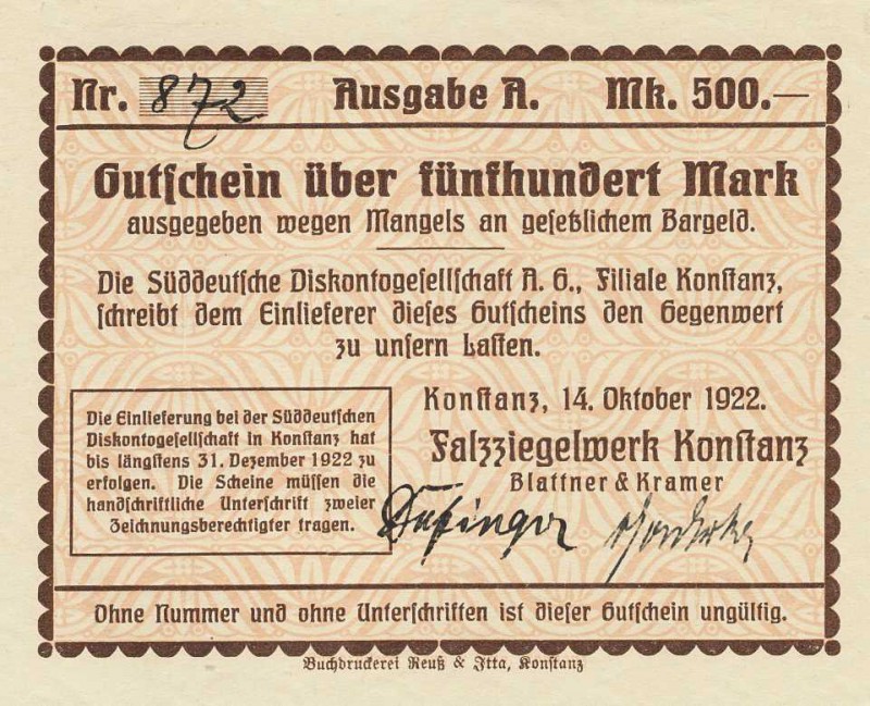 Städte und Gemeinden nach 1914
Konstanz (BW) 100 und 500 Mark 14.10.1922. Falzz...
