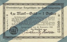 Städte und Gemeinden nach 1914
Langensalza (Thür.) 8,4 Goldpfennig 30.11.1923. 21 und 42 Goldpfennig, 1,05, 2,10 und 4.20 Goldmark 30.11.1923 Stadt. ...