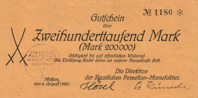 Städte und Gemeinden nach 1914
Meißen (Sa.) 200 000 Mark 2.8.1923. Staatliche Porzellanmanufaktur. Dieser Schein ist nicht bei Keller aufgeführt Selt...