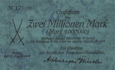 Städte und Gemeinden nach 1914
Meißen (Sa.) 2 Millionen Mark 15.8.1923. Staatliche Porzellanmanufaktur. Dieser Schein ist bei Keller nicht aufgeführt...