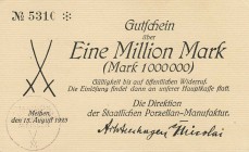 Städte und Gemeinden nach 1914
Meißen (Sa.) 1 Million Mark 15.8.1923. Staatliche Porzellanmanufaktur. Dieser Wert ist bei Keller nicht aufgeführt Sel...