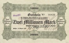 Städte und Gemeinden nach 1914
Meißen (Sa.) 2 Millionen Mark 23.8.1923. Meißner Schamotte- und Tonwaren-Fabrik. Ein solcher Schein ist bei Keller nic...