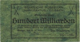 Städte und Gemeinden nach 1914
Meißen (Sa.) 100 Milliarden Mark 26.10.1923. Staatliche Porzellanmanufaktur. Ein solcher Schein ist bei Keller unbekan...