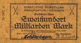 Städte und Gemeinden nach 1914
Meißen (Sa.) 200 Milliarden Mark 29.10.1923. Staatliche Porzellanmanufaktur. Dieser Schein ist bei Keller nicht aufgef...