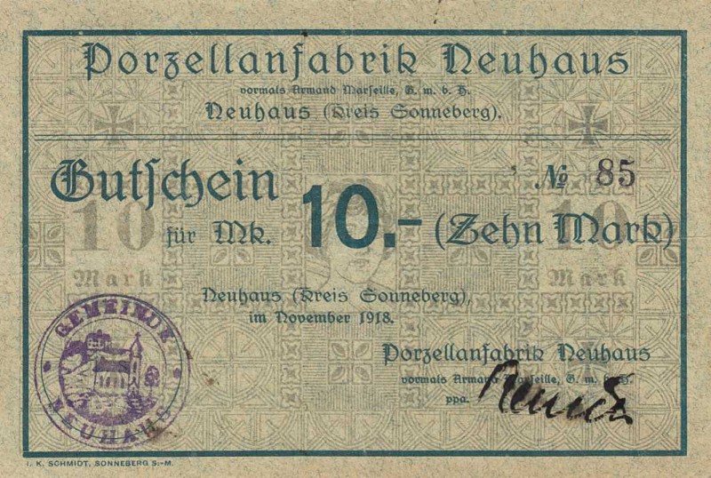 Städte und Gemeinden nach 1914
Neuhaus am Rennweg (Thür.) 1, 2, 5, 10 und 20 Ma...