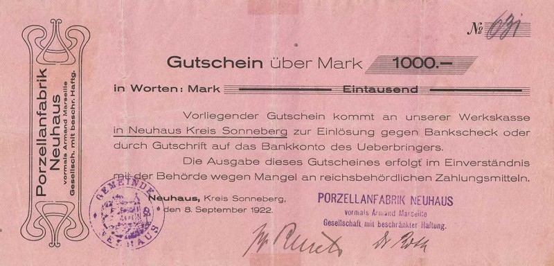 Städte und Gemeinden nach 1914
Neuhaus am Rennweg (Thür.) 500 und 1000 Mark 8.8...