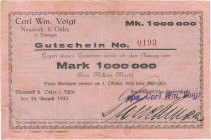 Städte und Gemeinden nach 1914
Neuwerk bei Oelze (Thür.) 1 Million Mark 20.8.1923. Carl Wm. Voigt. Dazu: Oelze - 500.000 Mark 17.8.1923 Arno Edm. Kae...