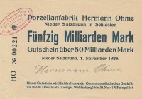 Städte und Gemeinden nach 1914
Nieder Salzbrunn (Schl./Pol) 10 und 50 Milliarden Mark 1.11.1923. Porzellanfabrik Hermann Ohme Ke. 3927 c 2 Stück. Sel...