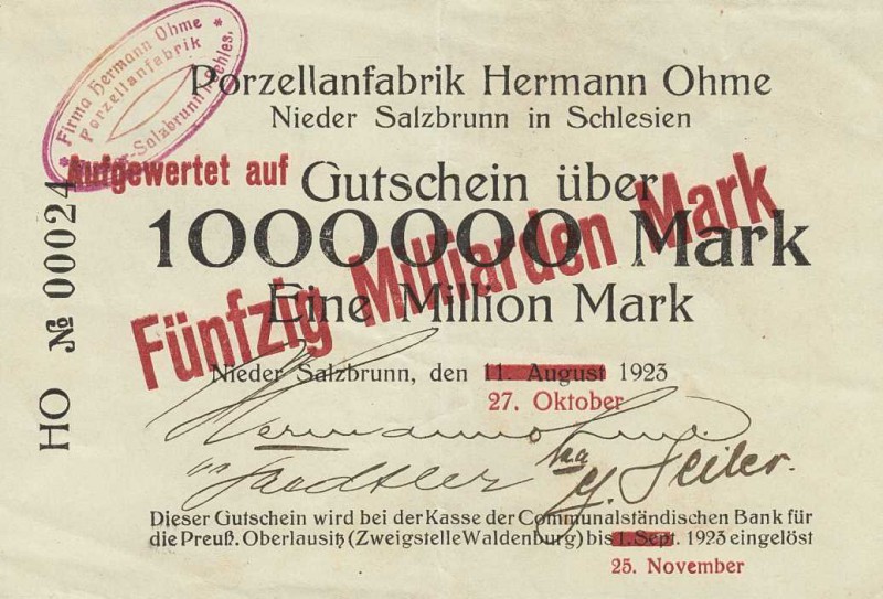 Städte und Gemeinden nach 1914
Nieder Salzbrunn (Schl./Pol) 1 Million Mark 11.8...